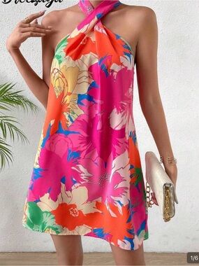 Bright Floral Halter Mini Dress in Pink & Orange Sz L